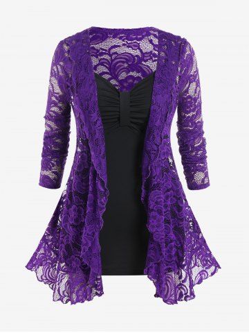 Plus Size Sheer Lace Cardigan and Ruched Tank Top Set