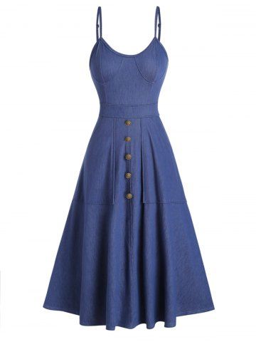 Solid Color Mock Button Pockets High Waisted A Line Midi Knitted Denim Casual Dress - BLUE - S