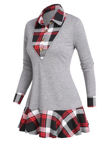 Plaid Print Button Skirted Turn Down Collar Long Sleeve Casual Faux Twinset T Shirt - GRAY - L