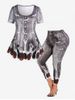 3D Denim Skeleton Pumpkin Print T-shirt and Halloween Skeleton Cat 3D Leggings Plus Size Outfit -  