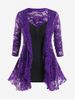 Plus Size Sheer Lace Cardigan and Ruched Tank Top Set -  