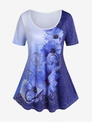 T-shirt en Couleur Ombrée à Imprimé Fleuri à Manches Courtes de Grande Taille - Bleu 5x | US 30-32
