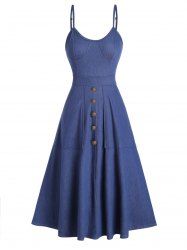 Solid Color Mock Button Pockets High Waisted A Line Midi Knitted Denim Casual Dress -  