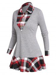 T-shirt Décontracté Boutonné à Carreaux Imprimé Manches Longues à Col Relevé Faux Deux Pièces - Gris XXXL