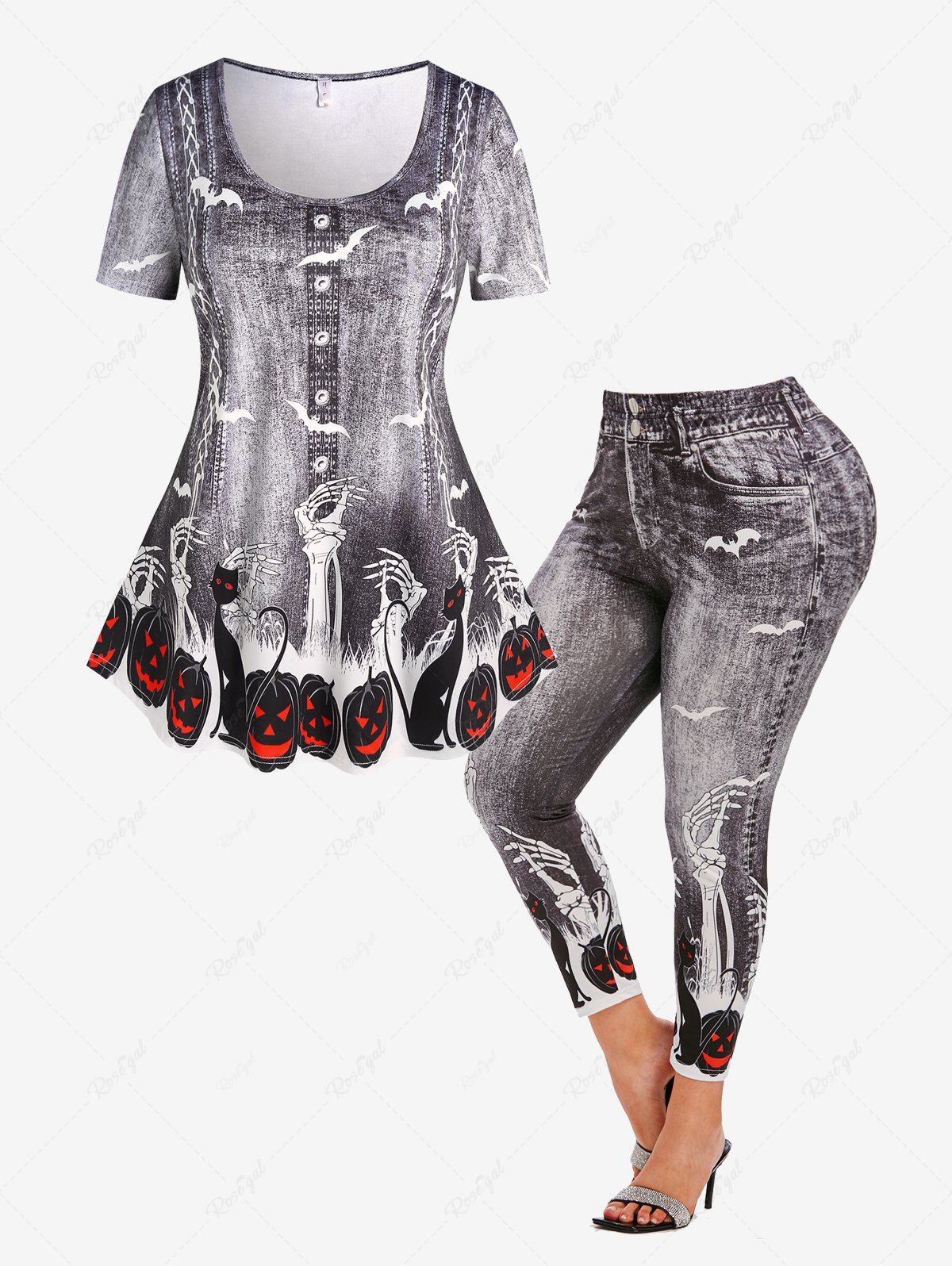Store 3D Denim Skeleton Pumpkin Print T-shirt and Halloween Skeleton Cat 3D Leggings Plus Size Outfit  