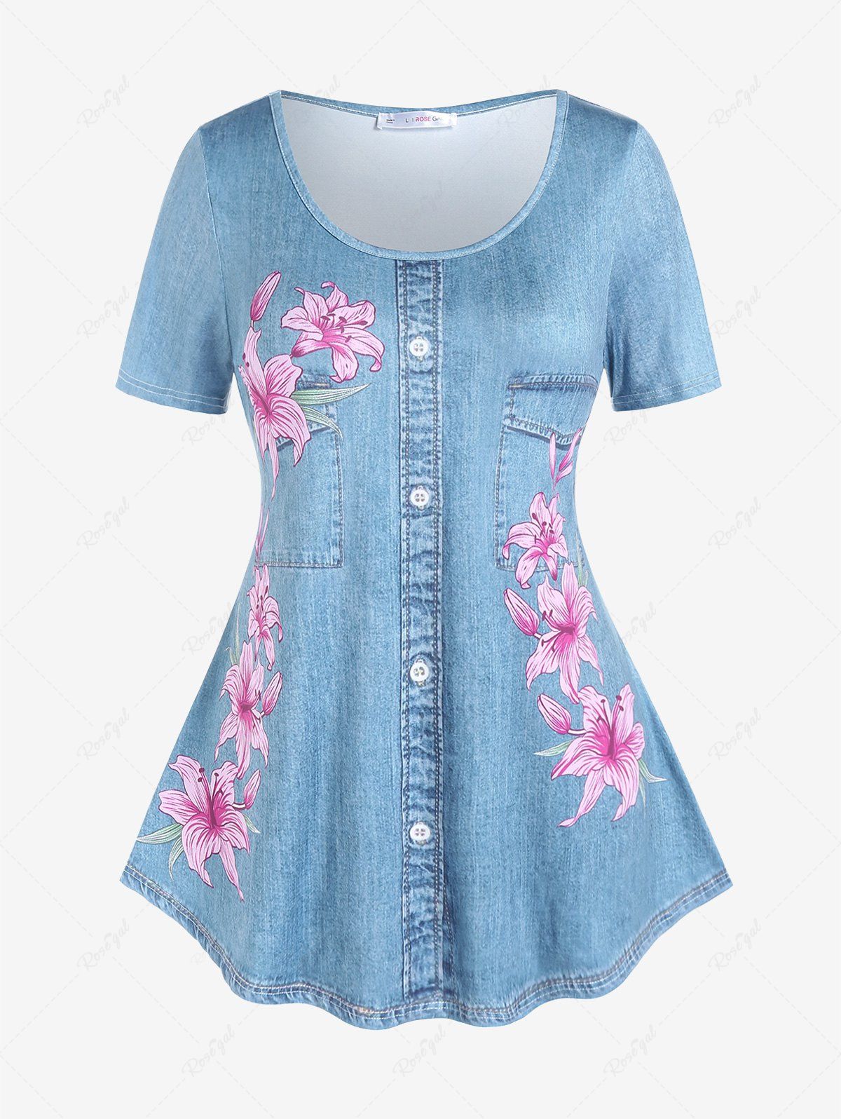 T-shirt à Imprimé 3D Denim Floral Grande Taille Bleu clair 
