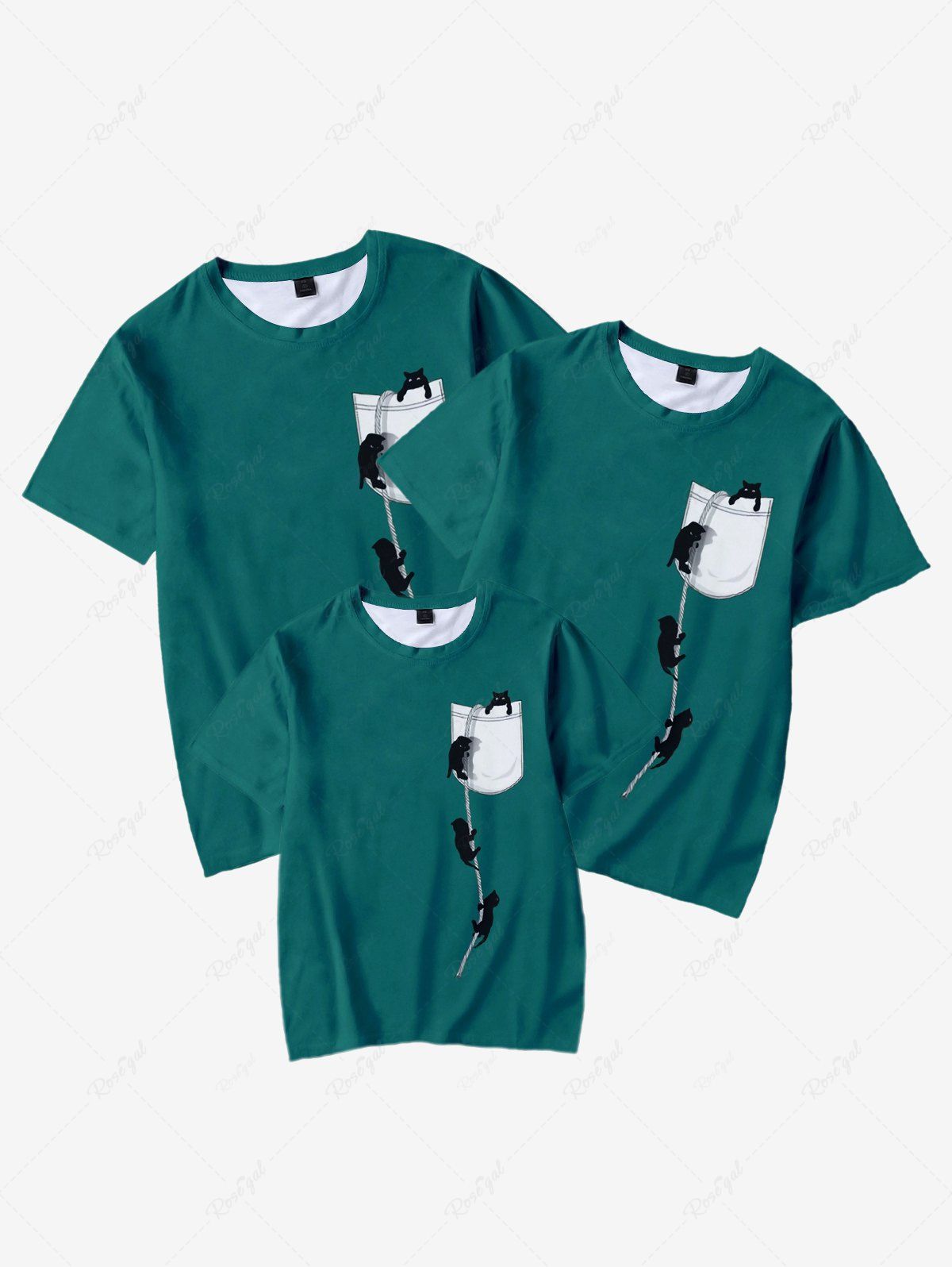 T-shirt Décontracté à Imprimé 3D Chat avec Poche pour Enfant Vert profond 170