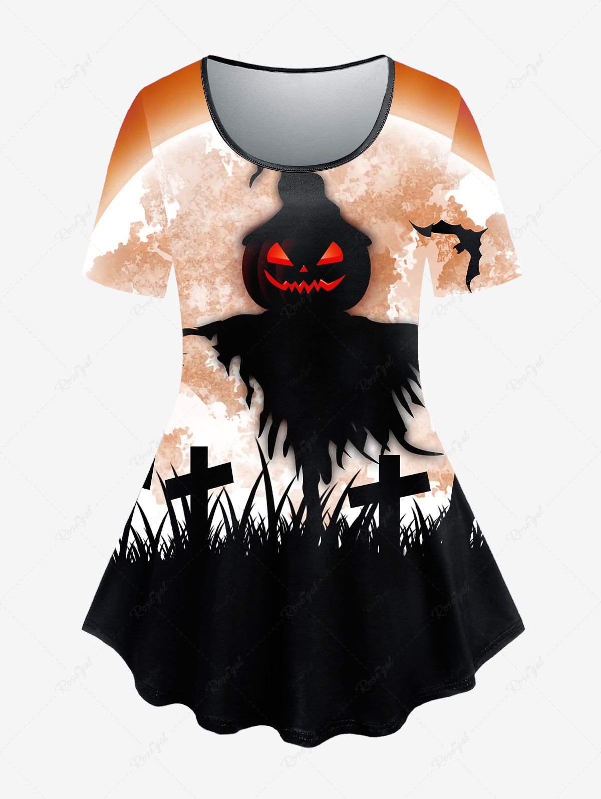 T-shirt D'Halloween à Imprimé Citrouille à Manches Courtes Orange Foncé 