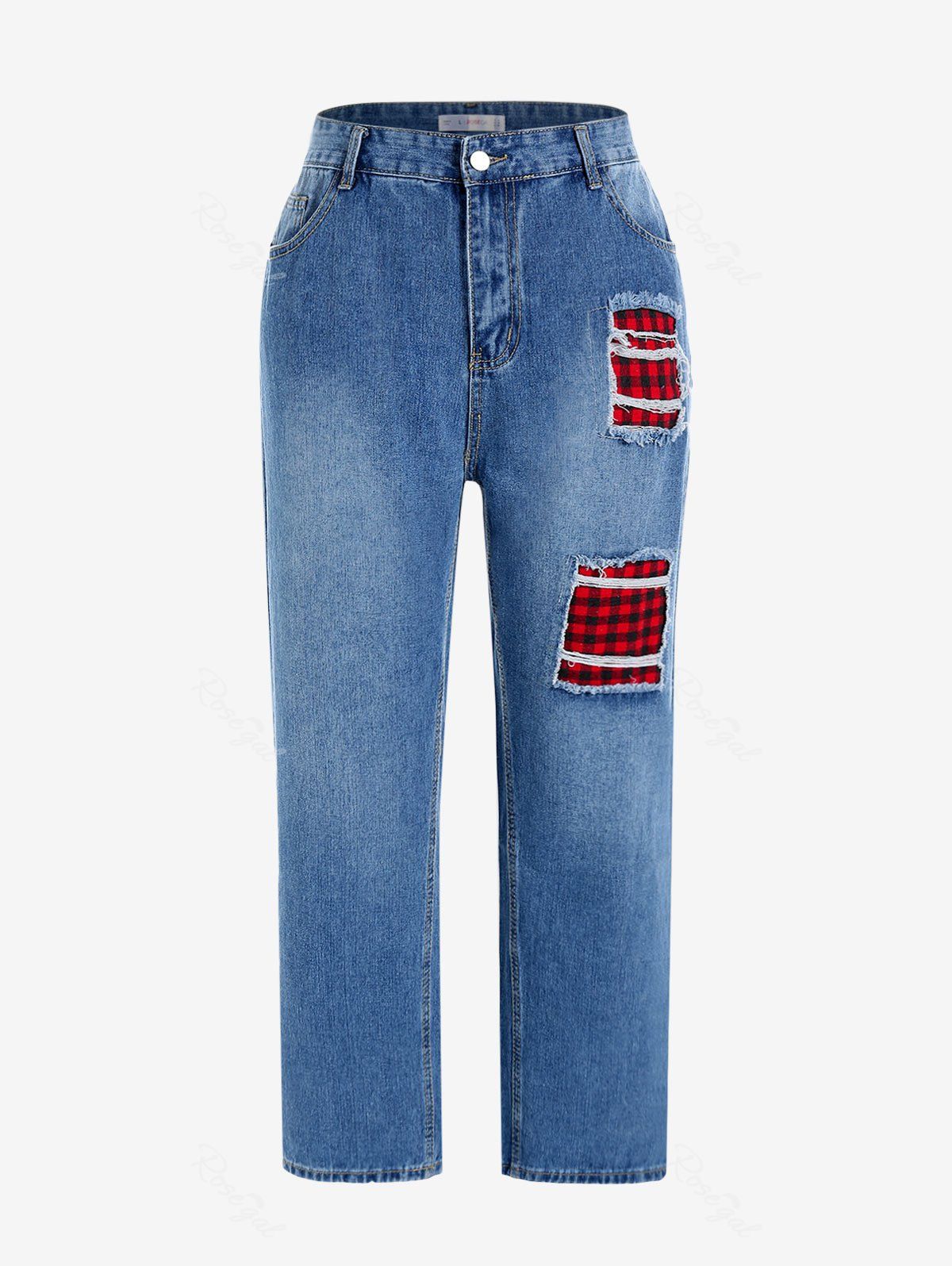 Fashion Plus Size Distressed Plaid Patch Mom Jeans  
