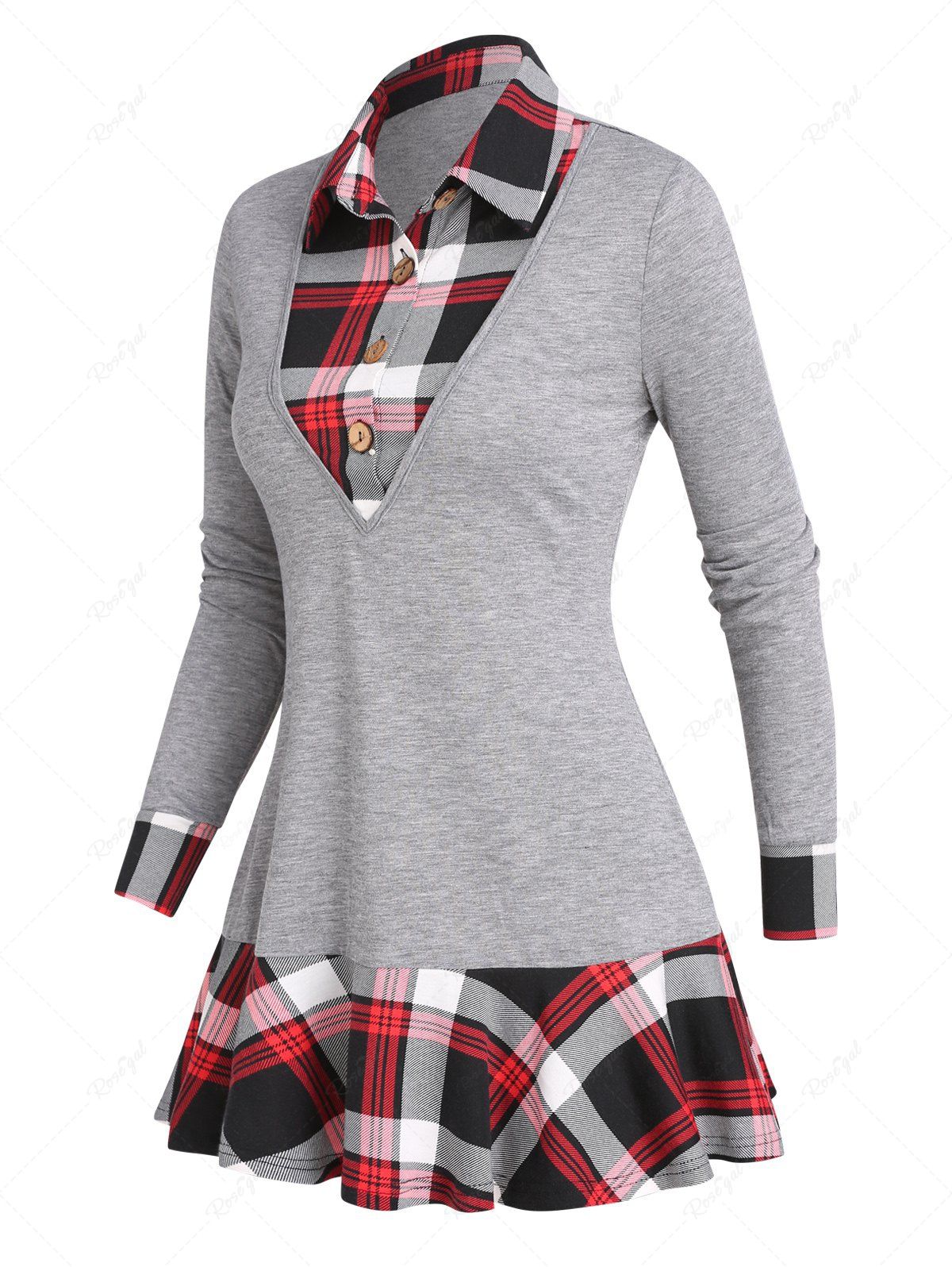 T-shirt Décontracté Boutonné à Carreaux Imprimé Manches Longues à Col Relevé Faux Deux Pièces Gris XXXL