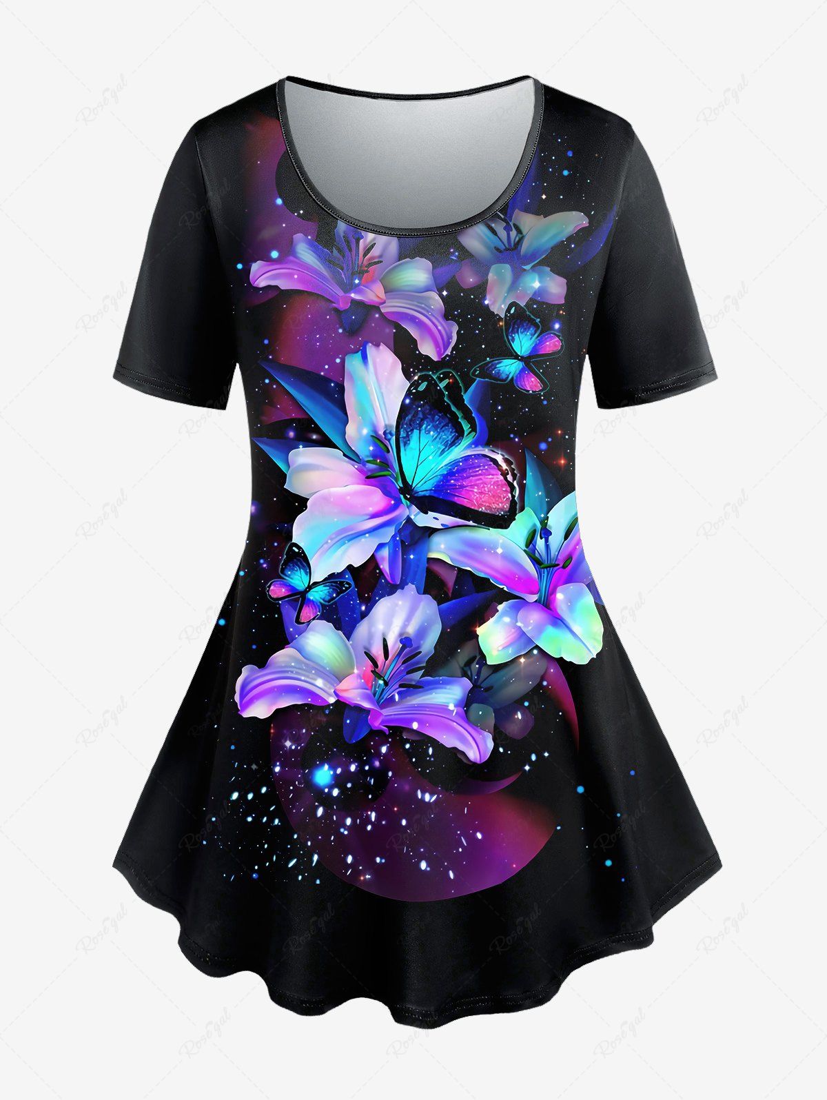 T-shirt à Imprimé Floral Papillon de Grande Taille Pourpre  5x | US 30-32