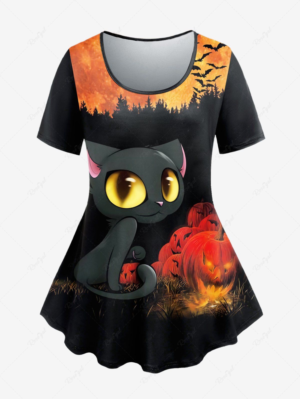 T-shirt D'Halloween à Imprimé Chat et Citrouille à Manches Courtes de Grande Taille Orange Foncé M | US 10
