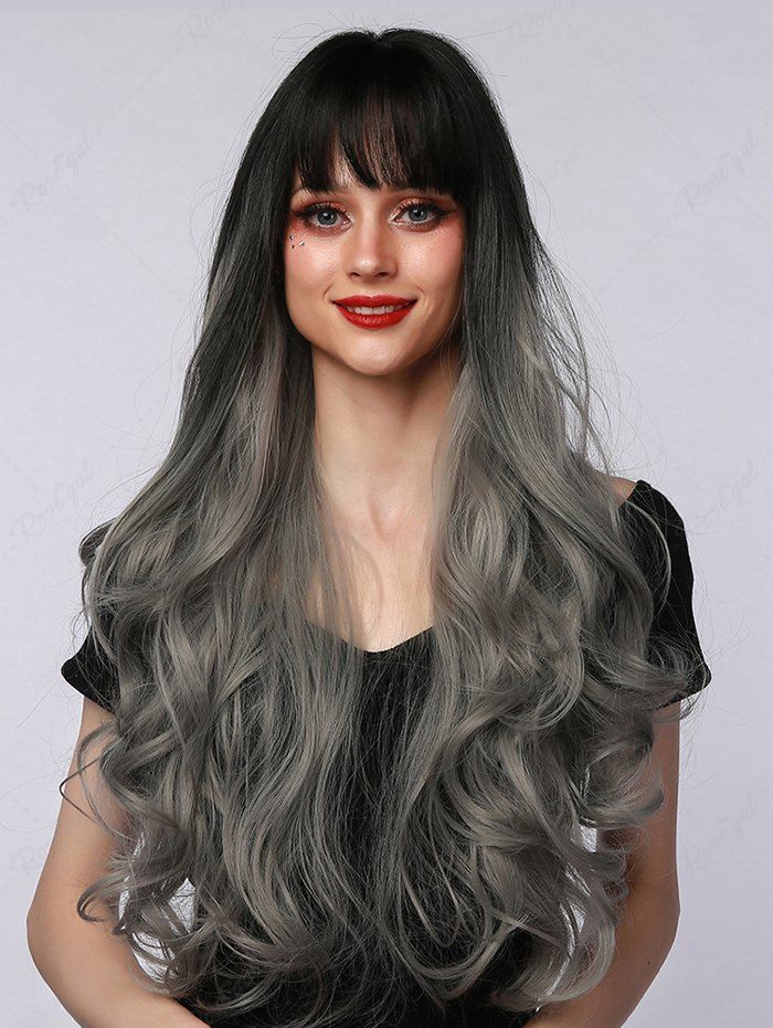 Store Halloween Christmas Gray Gradient Long Wavy Synthetic Wig (Without Accessory)  