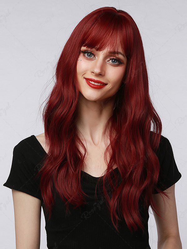 Perruque Synthétique Longue Ondulée avec Frange en Air pour Fête D'Halloween (Sans accessoire) Rouge Vineux Ensemble de 1 Pièce 22 pouces