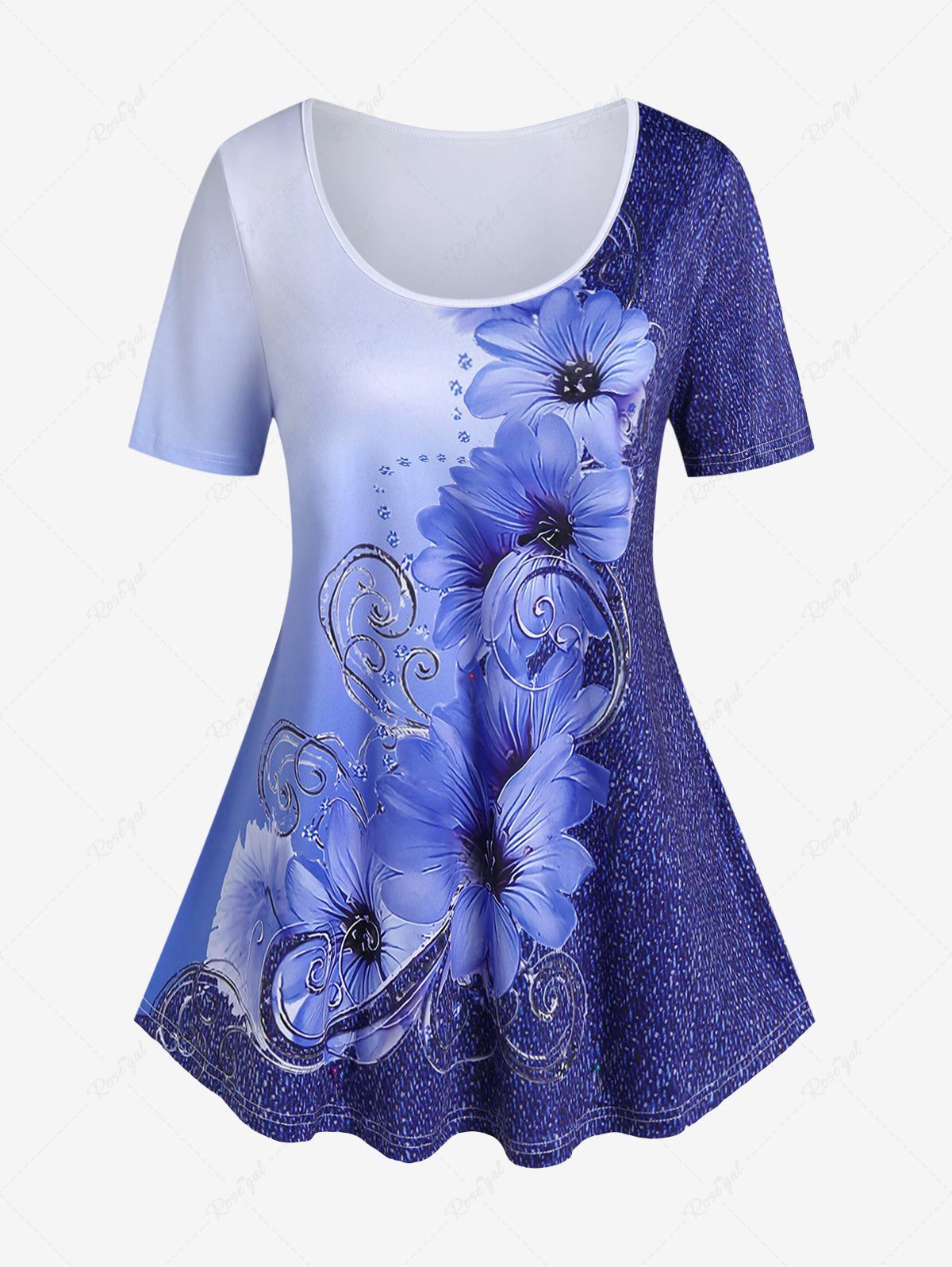 T-shirt en Couleur Ombrée à Imprimé Fleuri à Manches Courtes de Grande Taille Bleu 5x | US 30-32