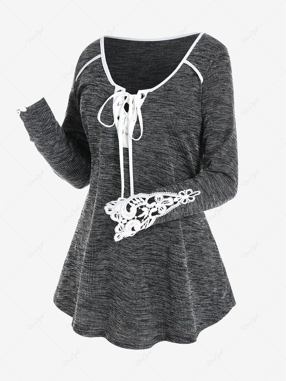 Cheap Plus Size Lace-up Long Sleeves T Shirt with Lace Panel  