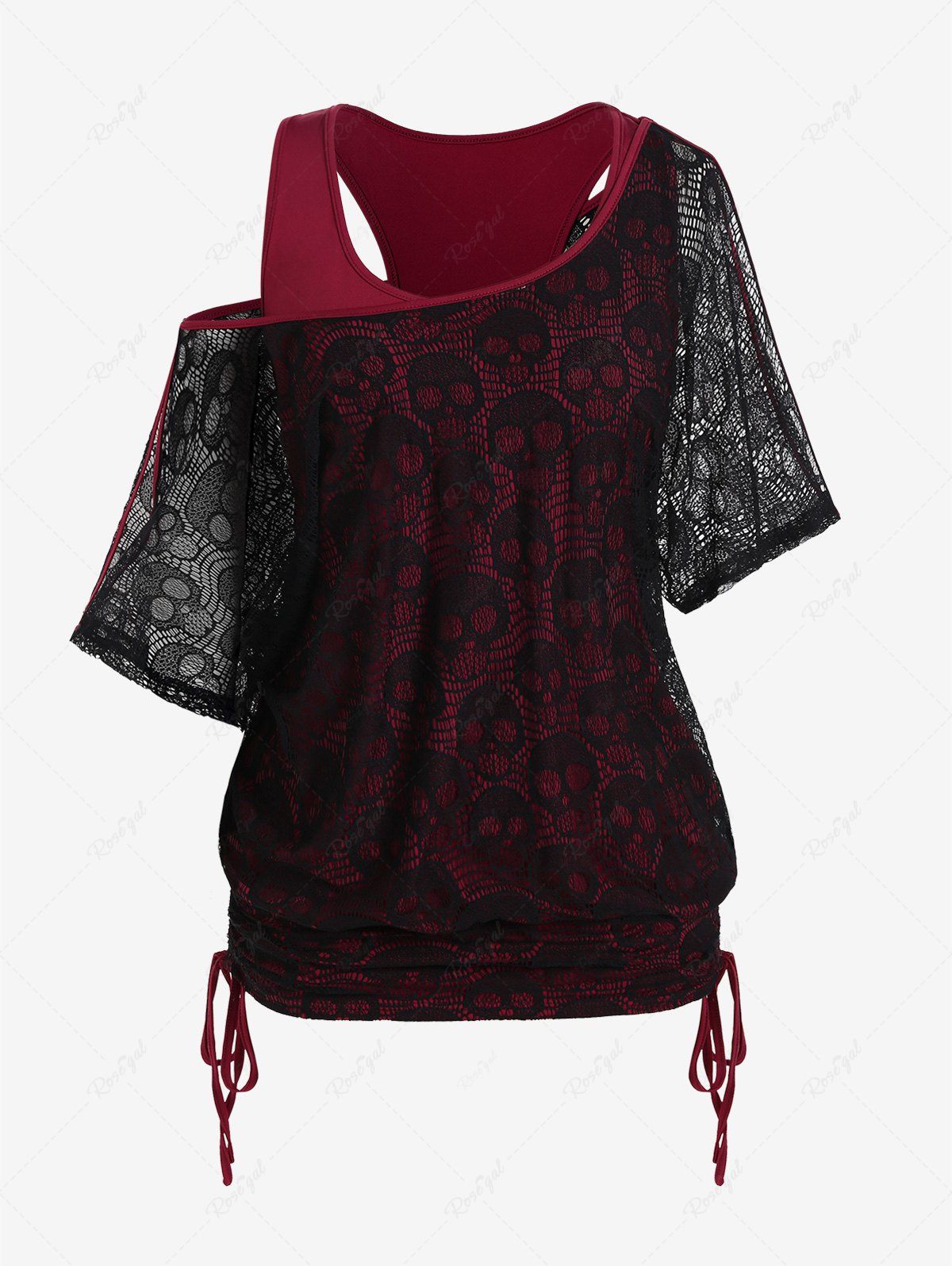 Latest Gothic Skew Neck Cinched Faux Twinset Skull Lace Tee  