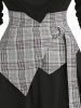 Plaid Print Insert Draped Self Belted O Ring Long Sleeve A Line Mini Casual Dress -  