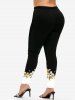 Plus Size Golden Butterfly Printed Colorblock Skinny Leggings -  