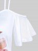 Plus Size Rose Print Colorblock Cold Shoulder Tee -  