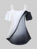 Plus Size Rose Print Colorblock Cold Shoulder Tee -  