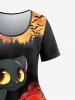 T-shirt D'Halloween à Imprimé Chat et Citrouille à Manches Courtes de Grande Taille - Orange Foncé M | US 10