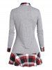 Plaid Print Button Skirted Turn Down Collar Long Sleeve Casual Faux Twinset T Shirt -  