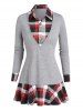 T-shirt Décontracté Boutonné à Carreaux Imprimé Manches Longues à Col Relevé Faux Deux Pièces - Gris XXXL