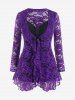Plus Size Sheer Lace Cardigan and Ruched Tank Top Set -  
