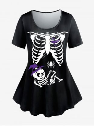 T-shirt à Imprimé Squelette Halloween à Manches Courtes Grande Taille