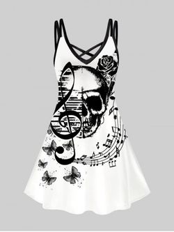 Gothic Butterfly Skull Notes Printed Crisscross A Line Dress - WHITE - M | US 10