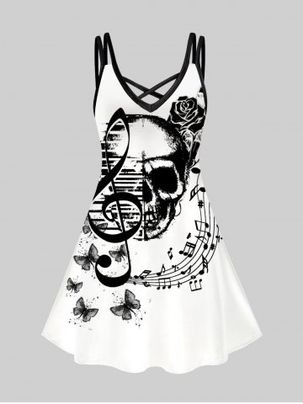 Gothic Butterfly Skull Notes Printed Crisscross A Line Dress