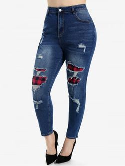 Plus Size High Rise Plaid Ripped Jeans - BLUE - 2X