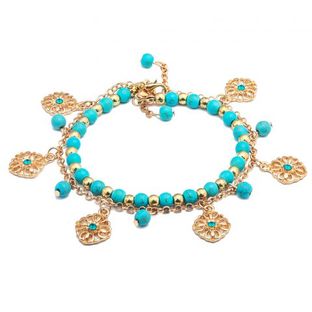2Pcs Turquoise Bead Hollow Flower Pendant Chain Anklet Bracelet