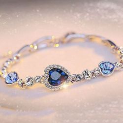 Bracelet Réglable Motif de Cœur en Cristal et de Strass - BLUE