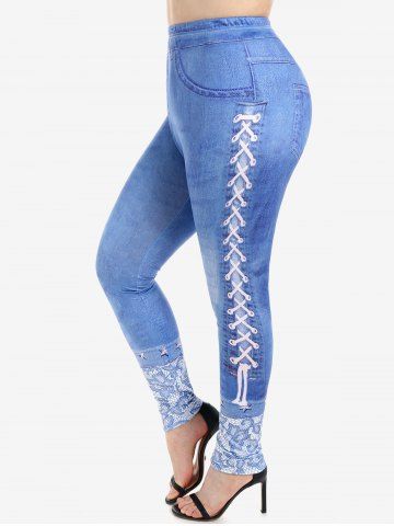 Legging Moulant à Imprimé 3D Jean à Taille Haute de Grande Taille
