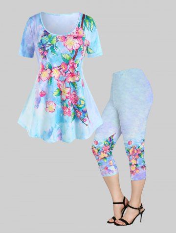 Floral Print Tee and Floral Cropped Leggings Plus Size Outfit - LIGHT BLUE