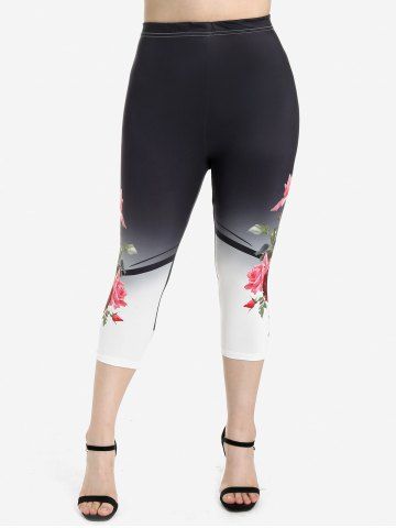 Rose Print Colorblock T-shirt and High Waist Rose Print Colorblock Capri Leggings Plus Size Summer Outfit