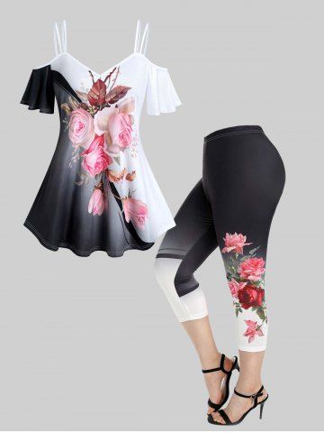 Rose Print Colorblock T-shirt and High Waist Rose Print Colorblock Capri Leggings Plus Size Summer Outfit - LIGHT PINK