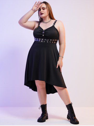 Plus Size Grommets High Low Vintage 1950s Pin Up Dress - BLACK - L | US 12