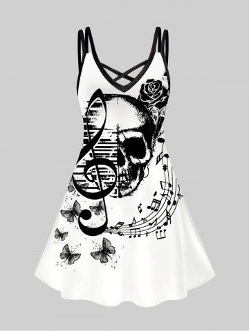 Gothic Butterfly Skull Notes Printed Crisscross A Line Dress - WHITE - S | US 8