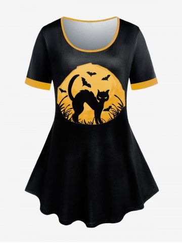 T-shirt D'Halloween Chat Chauve-souris Imprimé de Grande Taille à Manches Courtes - BLACK - S | US 8