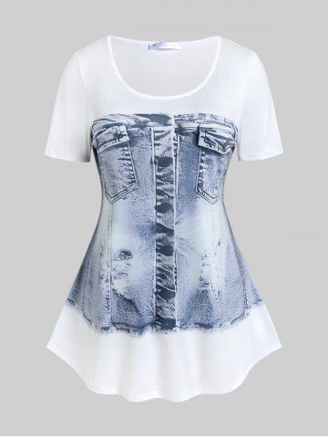 Plus Size Short Sleeve 3D Denim Print Tee