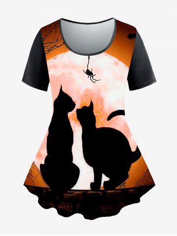 Plus Size Cat Print Halloween T-shirt - DARK ORANGE - 1X | US 14-16