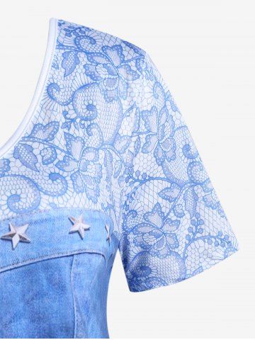 Plus Size Short Sleeve 3D Lace Up Denim Print Tee