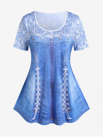Plus Size Short Sleeve 3D Lace Up Denim Print Tee