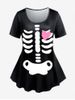 T-shirt à Imprimé Squelette et Cœur Halloween Grande Taille - Noir 