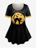 T-shirt D'Halloween à Imprimé Chat Chauve-souris de Grande Taille à Manches Courtes - Noir 