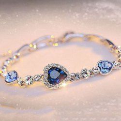 Bracelet Réglable Motif de Cœur en Cristal et de Strass - Bleu 