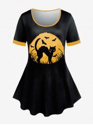 T-shirt D'Halloween Chat Chauve-souris Imprimé de Grande Taille à Manches Courtes - Noir XS | US 6